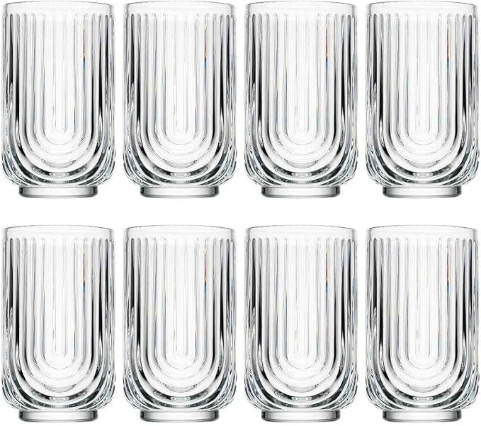 Glaver's Drinking Glasses Set of 8. 17oz Vintage Drinking Cups. Ripple Cocktail Glasses, Ribbed Drinking Highball Glass Cups. Arch Designed Art Deco Glassware for Water Juice Coffee. Package may Vary