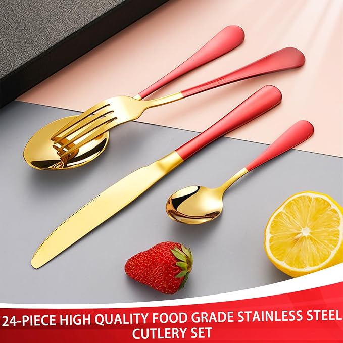 24 Pieces Silverware Set, Stainless Steel Flatware Set with Silverware Holder Spoons Forks Knives,Utensils Set Service for 6,Gold Mirror Polished and Matte Painted Cutlery Set (Red)