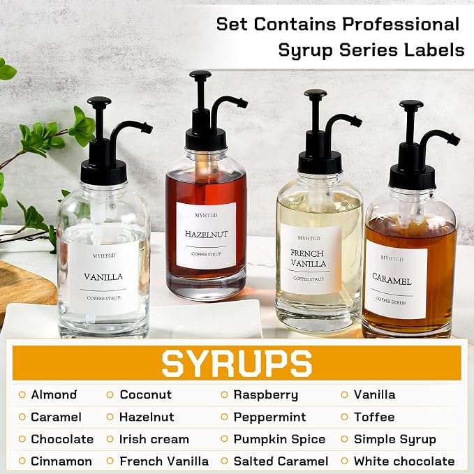 Coffee Bar Accessories,MHDCLY Coffee Syrup Dispenser - 4pack,16.9oz Syrup Dispenser with Labels ，Syrup Pump Dispenser for Coffee Bar(Black Pump)