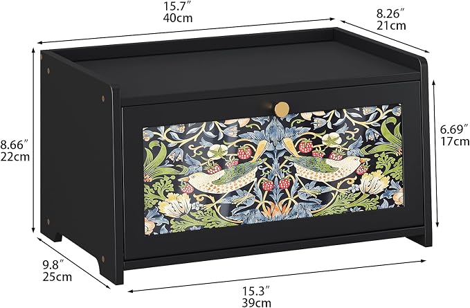 Trironsun Bread Box for Kitchen Counter Black Bread Storage Container with Acrylic Door William Morris Flower Bird Design Farmhouse Breadbox Organizer (Black)