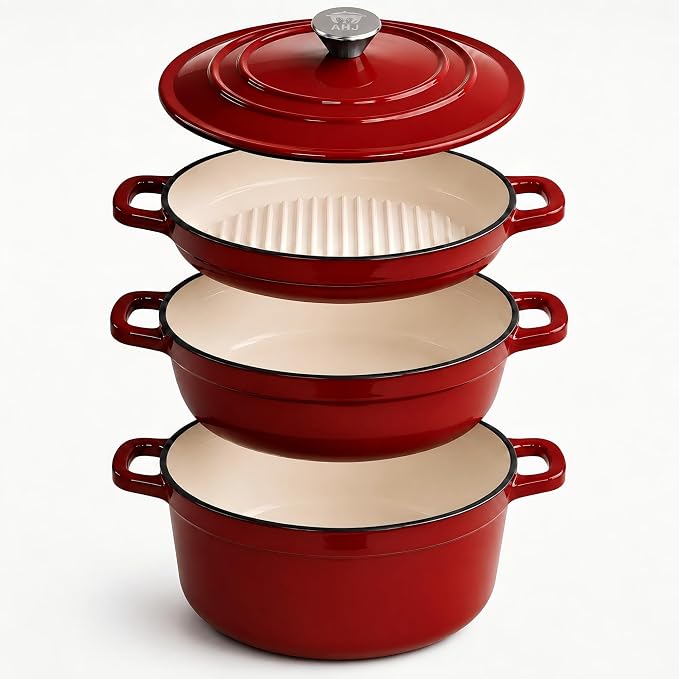 Enameled Cast Iron Dutch Oven Set - 4-Piece 1.3/2.6/4.8Qt Pot with Lids | Cast Iron Cookware Set for Sourdough Bread, Stews, Braising and Roasting, Stackable Space-Saving Design Dutch Oven, Red