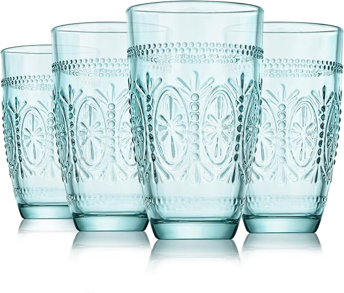 Colored Vintage Drinking Glasses Set of 4, 15.5 oz Romantic Embossed Water Glasses, Colored Tumblers Tempered Glass for Juice, Beverages, Beer, Cocktail