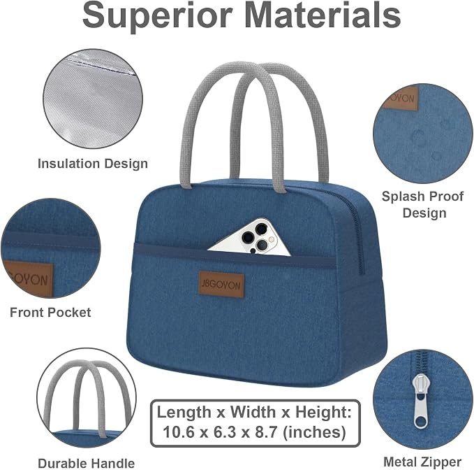 JBGOYON Leakproof Bento Box & Insulated Lunch Bag Set, 4-Piece, Blue | 6-hour thermal retention, includes nested knife fork spoon, 2 reusable snack pouches, designed for adults and kids