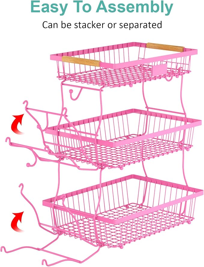 3 Tier Fruit Basket for Kitchen Counter with 2 Banana Hangers, Countertop Metal Fruit Bowl with Wooden Handle, Large Storage Stand for Vegetables, Snacks, Breads, Produce Storage – Rose Pink