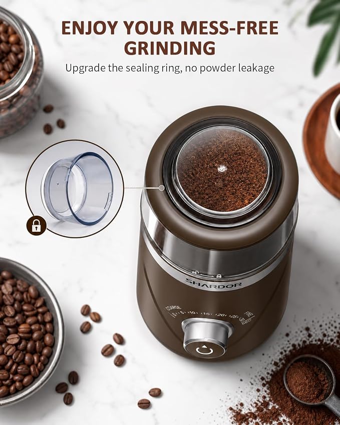 SHARDOR Electric Super Silent Blade Coffee Grinder, Timed Grind Control Rotary Knob, Adjustable Coarse to Fine for Coffee Beans, Spices & Herbs, with 2 Removable Stainless Steel Bowl, Brown