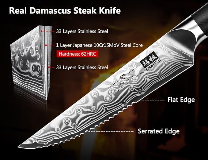 SHAN ZU Steak Knife of 7, 4.5 Inch Damascus Steak Knife Set with Block | Japanese High Carbon Steel Kitchen Serrated Knives Set with Ergonomic G10 Handle and Gift Box