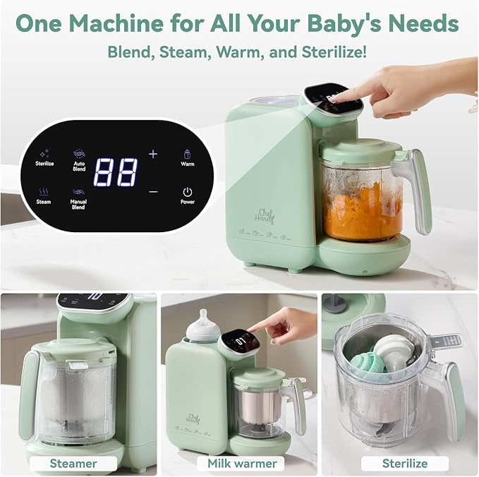 Chefhandy 5-in-1 Baby Food Maker with Stainless Steel Steam Basket, Green | One-step baby food processor with BPA-free food-contact parts, 6 reusable pouches, and recipe guide for homemade baby meals.