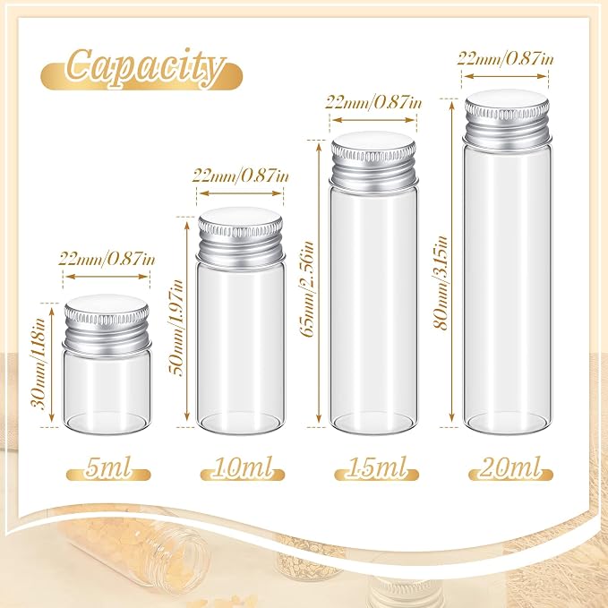 Didaey 100 Pcs Small Clear Vials Spice Mini Jars with Lids Mini Glass Bottles with Screw Aluminum Metal Caps Tiny Jars Sample Containers for Powder Cream Cosmetic Jewelry Wedding (4 Size,Silver Caps)