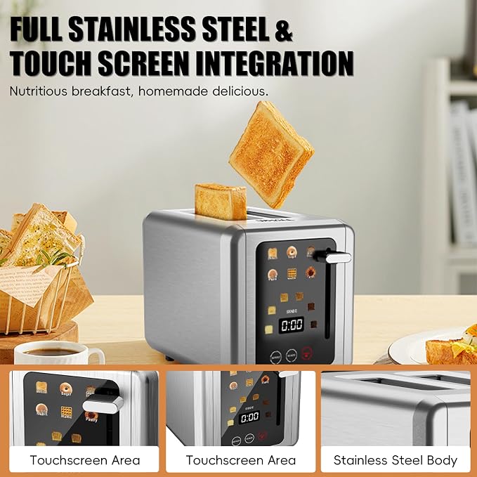 WHALL 2 Slice Toaster, Smart Full Touch Screen, Extra Wide Slots, Silver | Stainless Steel, 6 Shade Settings, Reheat/Defrost/Mute/Standby/Cancel, Bread Bagel Gluten-Free Waffle Pastry, Digital Timer