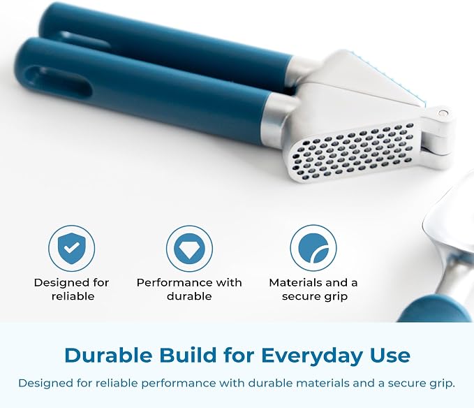 OOU Garlic Press, Stainless Steel Garlic Mincer with Premium Zinc Alloy Construction, Easy-Squeeze Ergonomic TPE Non-Slip Grip Handles, Reverse Cleaning Bumps and Dishwasher Safe Design, Blue