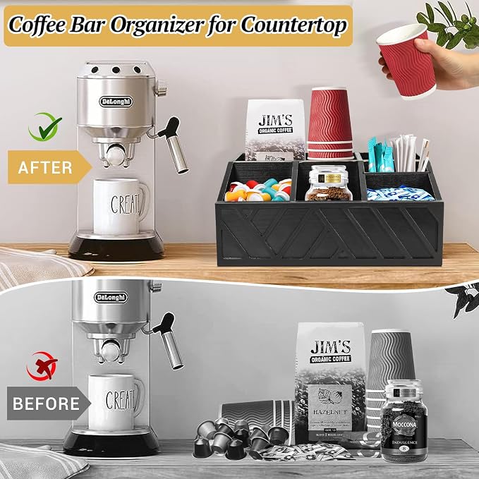 ugiftt Coffee Station Organizer for Counter, Wood Coffee Pods Holder Storage Basket, Tea Condiment Storage Organizer, Rustic Bar Decor for Accessories Organizer