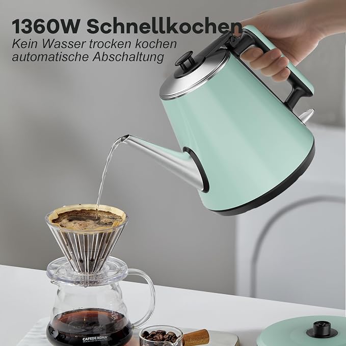 Small Gooseneck Electric Kettle 0.9L, 1000W, Pour Over, Green | 304 Stainless Steel BPA Free, Fast Boiling, Vintage Design, Auto Shut-Off, Dry Boil Protection, For Dorm Office Tea Coffee