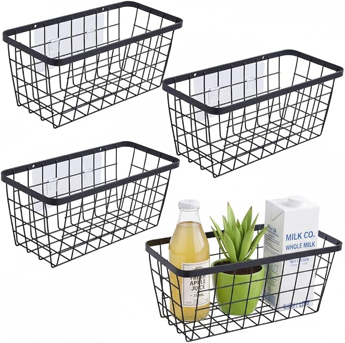 4 set Hanging Wall Basket Organizer,Over the Cabinet Door Wire Baskets for Organizing -Space-Saving Hanging Baskets for Organizing,Wall Mount Storage,No Drilling Adhesive Wall Storage Basket, Black