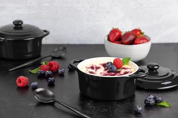 Kook Ceramic Mini Cocotte Set, Small Casserole Dishes with Lids and Handles, Individual Baking Ramekins, Oven safe 350F, Microwave & Dishwasher Safe, Stoneware, 12 oz, Set of 4, (Black)