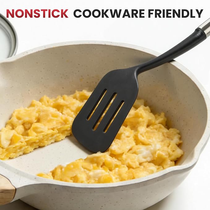 12PCS Silicone Kitchen Utensil Set, Stainless Steel Handled Cooking Tools | Spatula Turner Spoon Ladle Set | BPA Free | Heat Resistant & Non-Scratch for Nonstick Cookware | Dishwasher Safe | Black