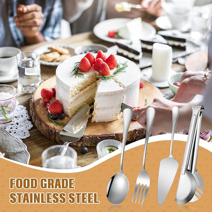19 Pcs Serving Utensils Set Stainless Steel Tongs,Silver | Includes Spatulas Forks Spoons Perforated Skimmers, Parties Buffet Professional Kitchen Tools Home Gatherings Events