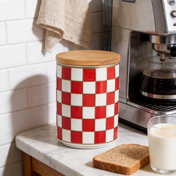 Kitchen Countertop Ceramic Checkered Canisters,Black And White Food Storage Containers With Lid,Airtight Kitchen Canisters for Flour, Sugar, Coffee, Tea, and Dry Goods (Red, Small)