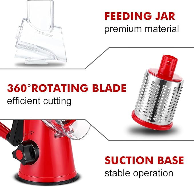 GDL Cheese Grater Hand Crank, Rotary Cheese shredder, Vegetable Slicer | 3 Stainless Steel Blades, 12x Fast Cutting, Non-slip Suction Base, No BPA, Dishwasher Safe, Easy Use for Cheese, Veggies, Nut