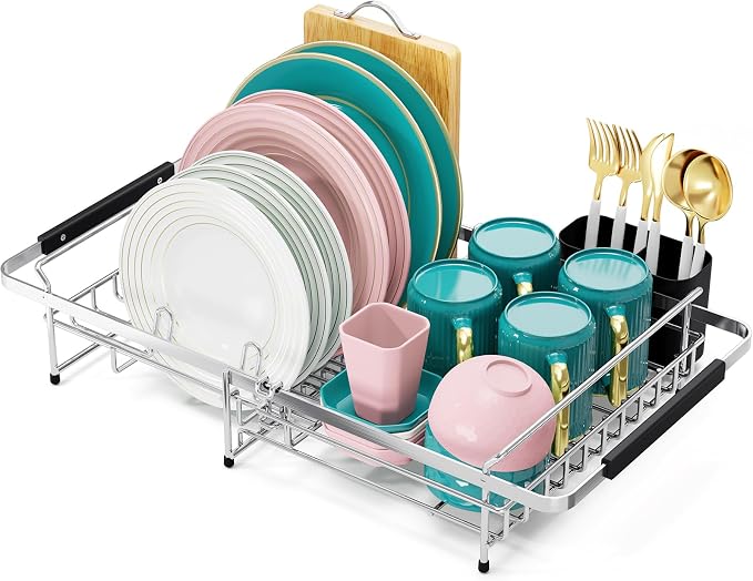 Urackify Expandable Stainless Steel Dish Drying Rack, 13-18 Inch | Expandable design in sink dish rack . Stainless steel with utensil holder, ample storage capacity ideal for small kitchens.
