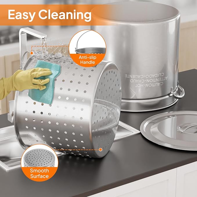 ROVSUN 102QT Stainless Steel Seafood Boil Pot With Strainer Basket, Lid & Hook, Versatile Stock for Crab, Lobster, Shrimp Boiling, Heavy-Duty Turkey Fryer for Outdoor Cooking & Gatherings