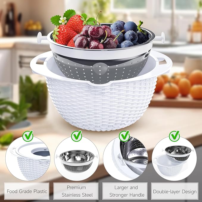 4-1 Strainer with Bowl Set - Rotatable Colander for Kitchen(Patented) - Strainers and Colanders - Pasta Strainer with New Upgraded Graters for Fruit Veggie Fun Kitchen Presents - White