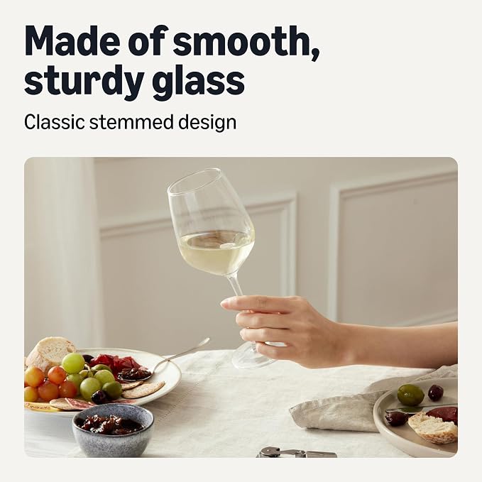 Amazon Basics Stemmed White Wine Glasses, 12 oz., Dishwasher-Safe, 4-Piece Set