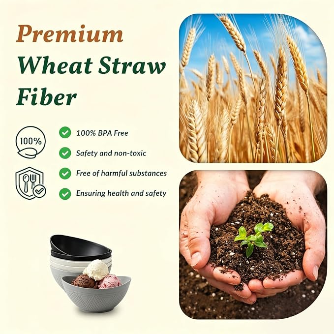 Unbreakable Snack Bowls,Wheat Straw Small Bowls,10 OZ Plastic Bowls Alaternative for Soup,Chip,Cereal,Microwave & Dishwasher Safe Bowls for Kithcen,Camping,Picnic(6PCS,Grey Stone)