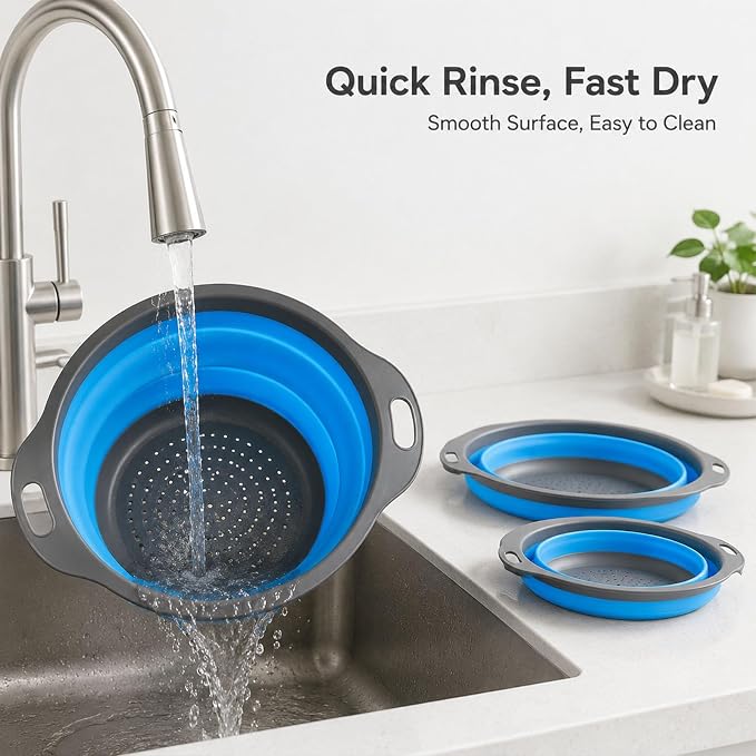Collapsible Colander Set, 3 Pack Silicone Kitchen Strainer Set, Space Saving Design, Small Round Colander Baskets for Draining Pasta, Vegetable and fruit, (3Qt+4Qt+5Qt)
