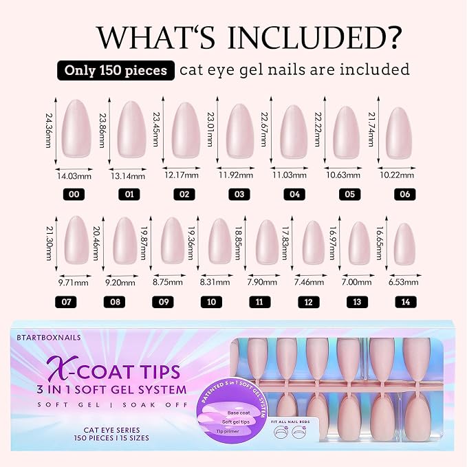 BTArtboxnails XCOATTIPS Cat Eye Press On Nails, Medium Almond, Bling Baby | Lamp-Curable 4-Week Wear, Salon Quality Value at Home, Natural Nail Look, Easy-to-Apply for Beginners, 150ct Nail Tips Only