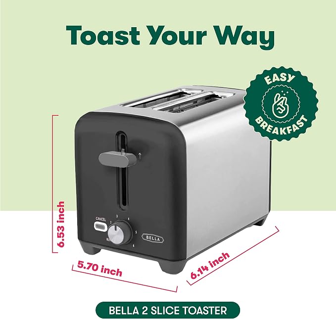bella 2 Slice Toaster, Wide Slots, Stainless Steel/Black