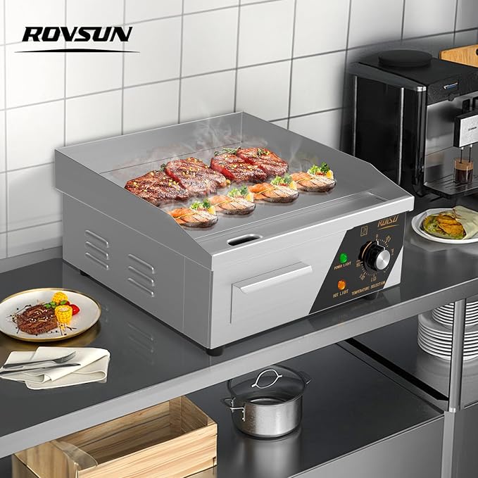 ROVSUN 14" Electric Countertop Flat Top Griddle, 1500W Electric Griddle, Teppanyaki Grill Stainless Steel with Adjustable Temperature Control 122°F-572°F for Home Restaurant Commercial