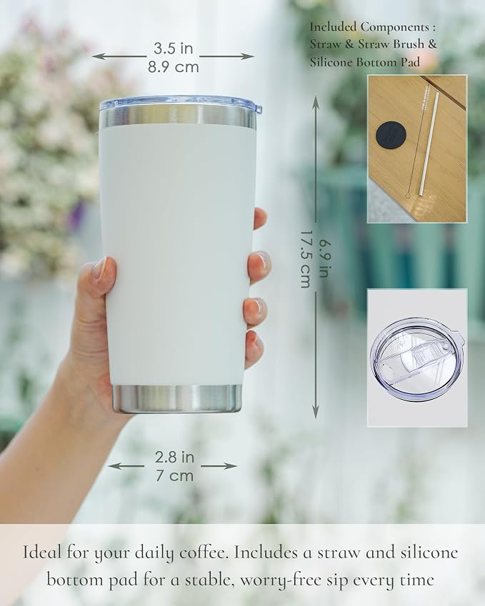 20oz Travel Coffee Tumbler 8 Pack, Lids and Straws, Stainless Steel | Double Wall Vacuum Insulated Tumbler, Coffee Mug for Hot & Cold Drinks, Fits Most Car Cup Holders, White