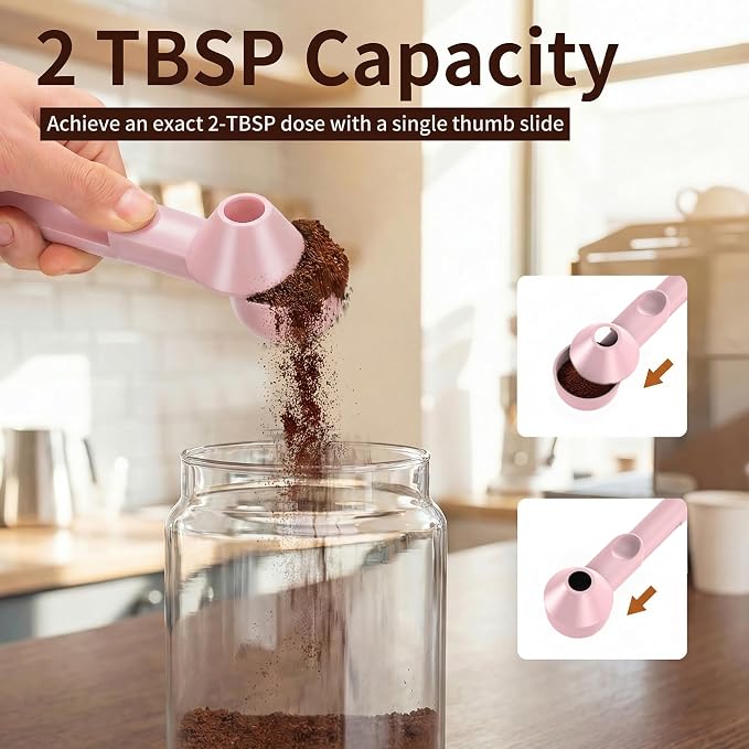Coffee Scoop with Funnel for Reusable K Cup, 2 TBSP Measuring Spoon | Mess-Free Funnel Design, Sliding Leveler for Precise 2 TBSP, Long Handle for Coffee, Protein Powder & Tea (1-Pack)