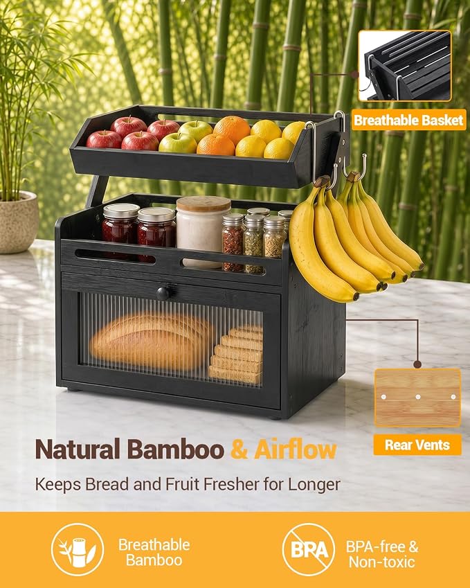 Bread Box for Kitchen Countertop, Bamboo Bread Storage Container with Fruit Basket, Clear Door & Magnetic Closure, Raised-Rail Shelves & 2 Banana Hooks, Farmhouse Pantry Organizer, Black