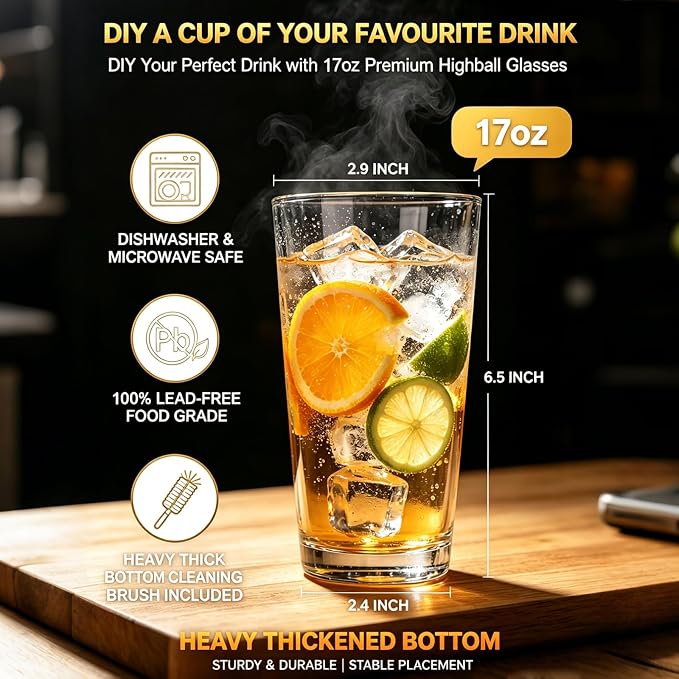 QAPPDA Drinking Glasses Set of 12, 16 oz Clear Glass Cups Cocktail Glasses | Highball Drinking Tumbler Glass Design for Home Dining, Bars, Pubs and Parties & Dishwasher Safe