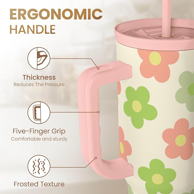 SANDJEST Daisy Tumbler with Handle 40oz, Floral Cup Stainless Steel Insulated Tumblers Coffee Travel Mug with Straw, Flower Cups Gifts for Women Girls Teens Birthday Christmas