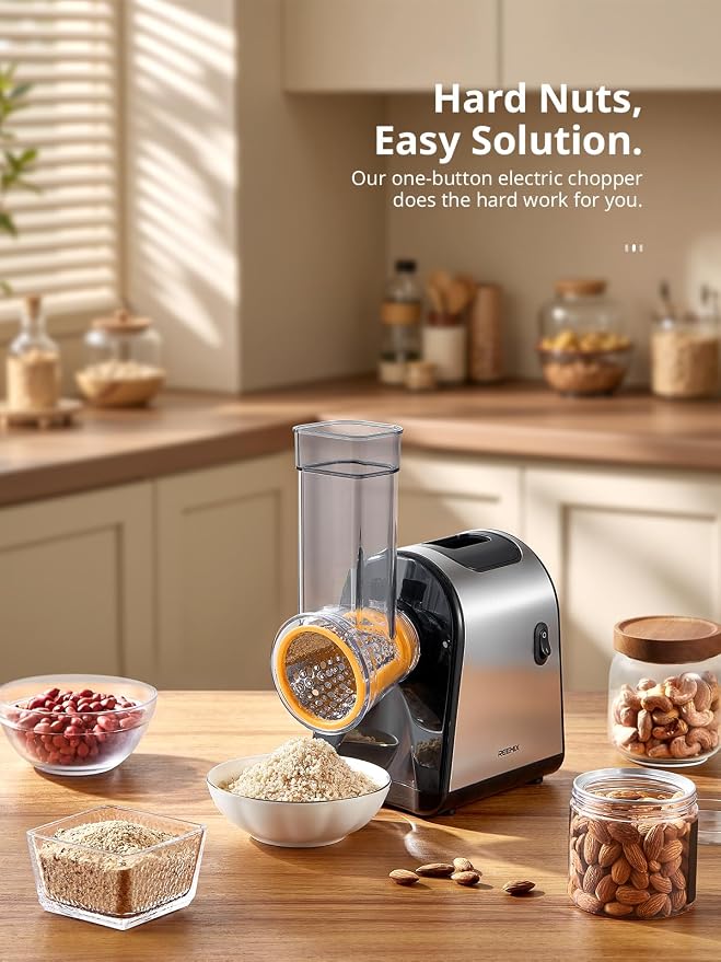Reemix Electric Cheese Grater, Electric Food Grater | 6 Interchangeable Blades – Slicing, Shredding & Zesting | Stainless Steel Blades, Fast, Effortless Meal Prep for Home Cooks
