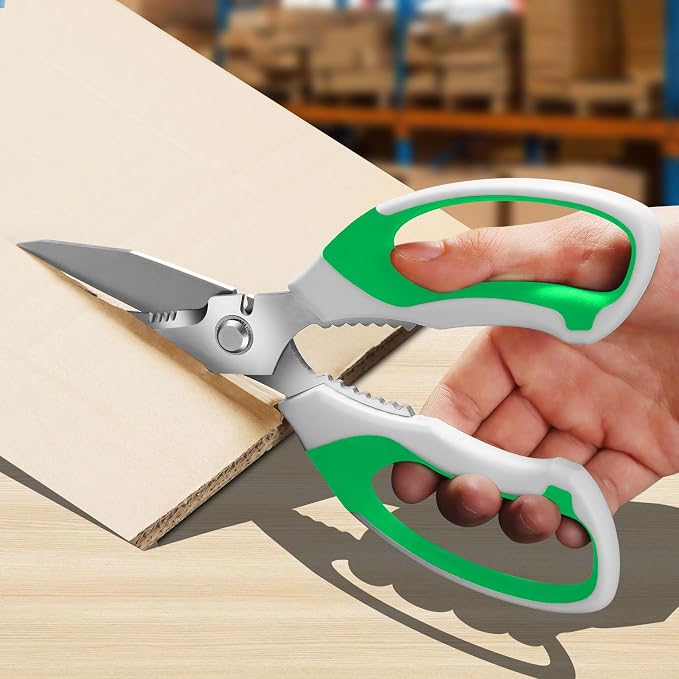 BoFuYuan Utility Scissors All Purpose heavy duty 8-Inch Green | Comfort Grip, Sharp Serrated Blades Cutting Carpet Cardboard Wire Fabric, Multipurpose Shears for Kitchen Garden Office Craft
