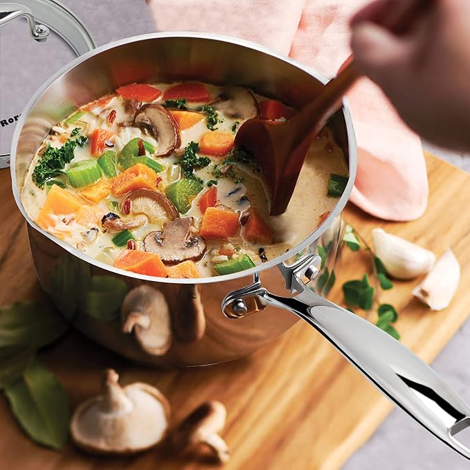 Rorence 2.5 Quart Stainless Steel Sauce pan with Lid | Cooking Pot with Pour Spouts, Capsule Bottom & Tempered Glass Lid