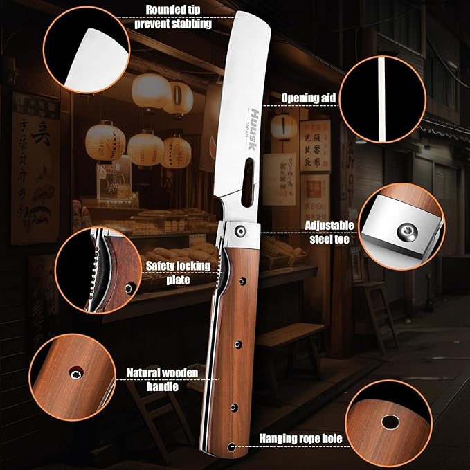 Huusk Japanese Folding Nakiri Knife - Pocket Chef Knives for BBQ | 440C Stainless Steel, Ultra Sharp Blade, Wooden Handle, Gift Box, for Trip Outdoor