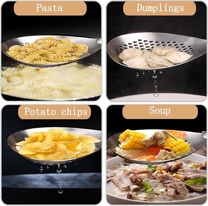 Steel Spider Strainer Wood Handle Kitchen Mesh Drainer for Pasta | Small fine wire mesh strainer spoon, multipurpose kitchen colander, great for deep frying, draining food,washing veg fruits