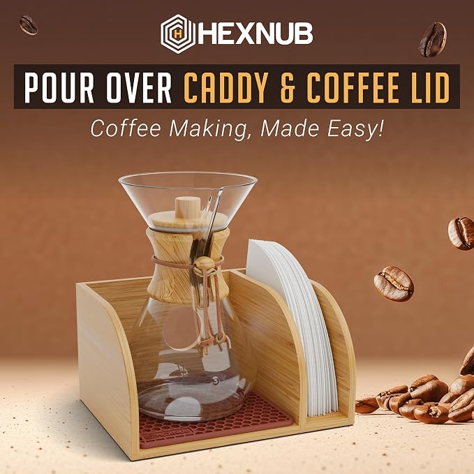 Pour Over Caddy with Lid for Chemex Bodum Cosori Coffee Makers Brown | Handmade Bamboo Stand, Lid, Filter Holder, Heatproof Mat for a Cleaner Coffee Station