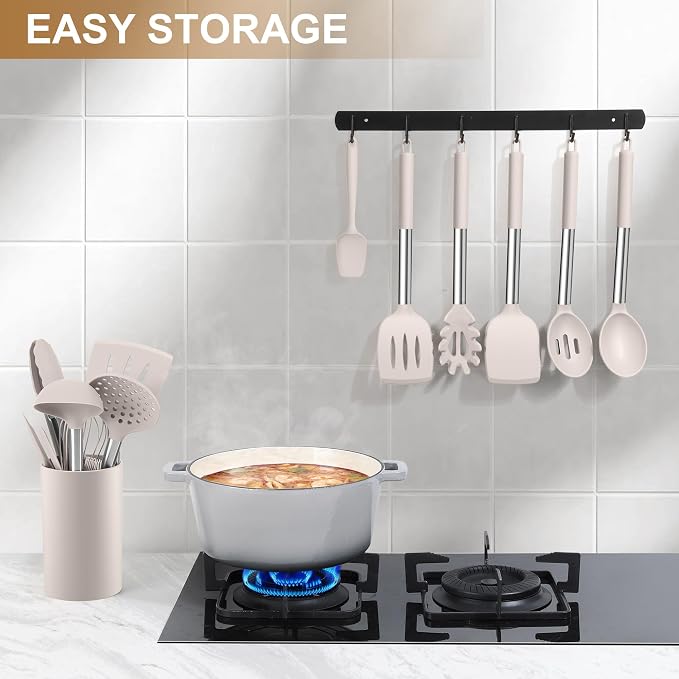 LIANYU 15 Pcs Cooking Utensils Set, Silicone Kitchen Tools with Holder | Heat Resistant, Kitchen Gadgets with Stainless Steel Handle, Brush Spatula Spoon Whisk for Cookware, Dishwasher Safe, Khaki