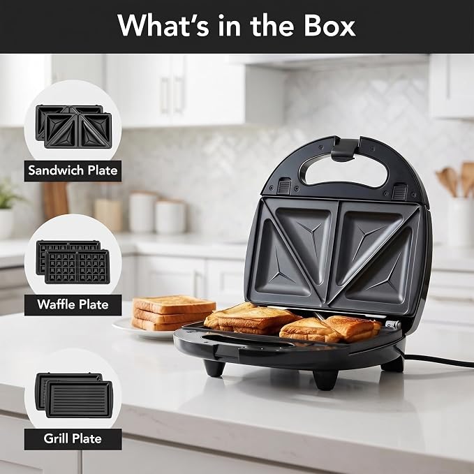 OVENTE 3 in 1 Electric Sandwich Maker, 750W Non-Stick Plates, Black GPI302B | Panini Press Grill and Waffle Iron Removable Set , Perfect for Grilled Cheese, Tuna Melts, Burgers, Steaks and Snacks