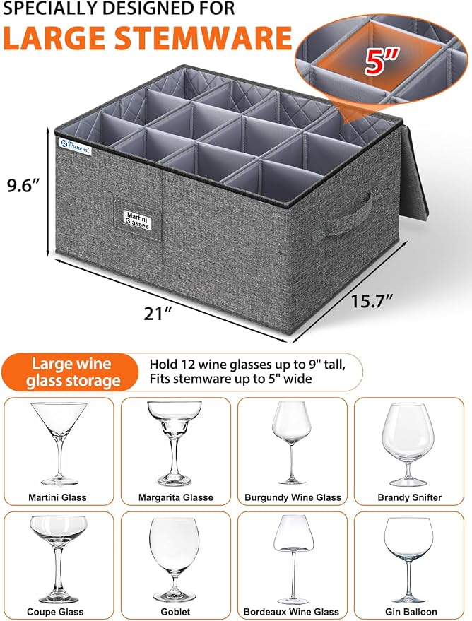 Wine Glass Storage Box for Martini, 5" Wide Cell Hard Shell China Storage Containers with Dividers, Stackable Stemware Storage Holder for Glassware, Margarita, Goblets & Brandy Snifters, Grey