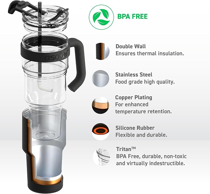 asobu Extra Large Travel Explorer Tumbler for Hot and Cold with Stainless Steel Removable Coffee Mug Sleeve - Straw and Flip Open Sip Spout, 34 oz / 25 oz (Black)