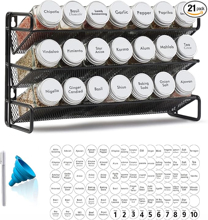SpaceAid Spice Rack Organizer with 21 Spice Jars, 386 Spice Labels, Chalk Marker and Funnel Set for Cabinet, Countertop, Pantry, Cupboard or Door & Wall Mount - 21 Jars, 13.4" W × 9" H, White