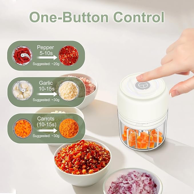 250ML Mini Electric Garlic Chopper, Garlic Mincer Grinder Masher (1 Cup) | USB Wireless Garlic Press, Small Food Processor Blender for Vegetable Ginger Chili, White