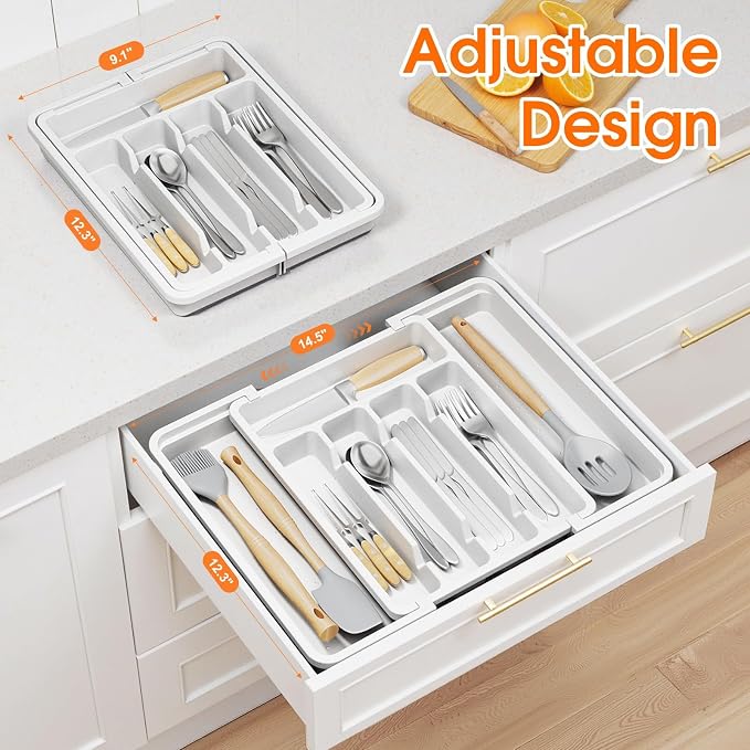 SpaceHacks Silverware Organizer，Adjustable & Expandable Drawer Organizer | Utensil Drawer Organizer, BPA Free Utensil Holder, Cutlery Tray for Forks, Spoons, Knives in Kitchen, Medium, White