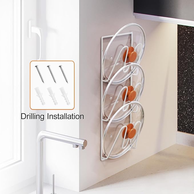 Durmmur 2 Pack Pot Lid Organizer, 6-Tier Lid Holder for Cabinet Door & Wall | Rustproof Metal Lid Organizer with No-Drill Adhesive Mounting for Pot and Pan Lids, Space-Saving Kitchen Storage, White